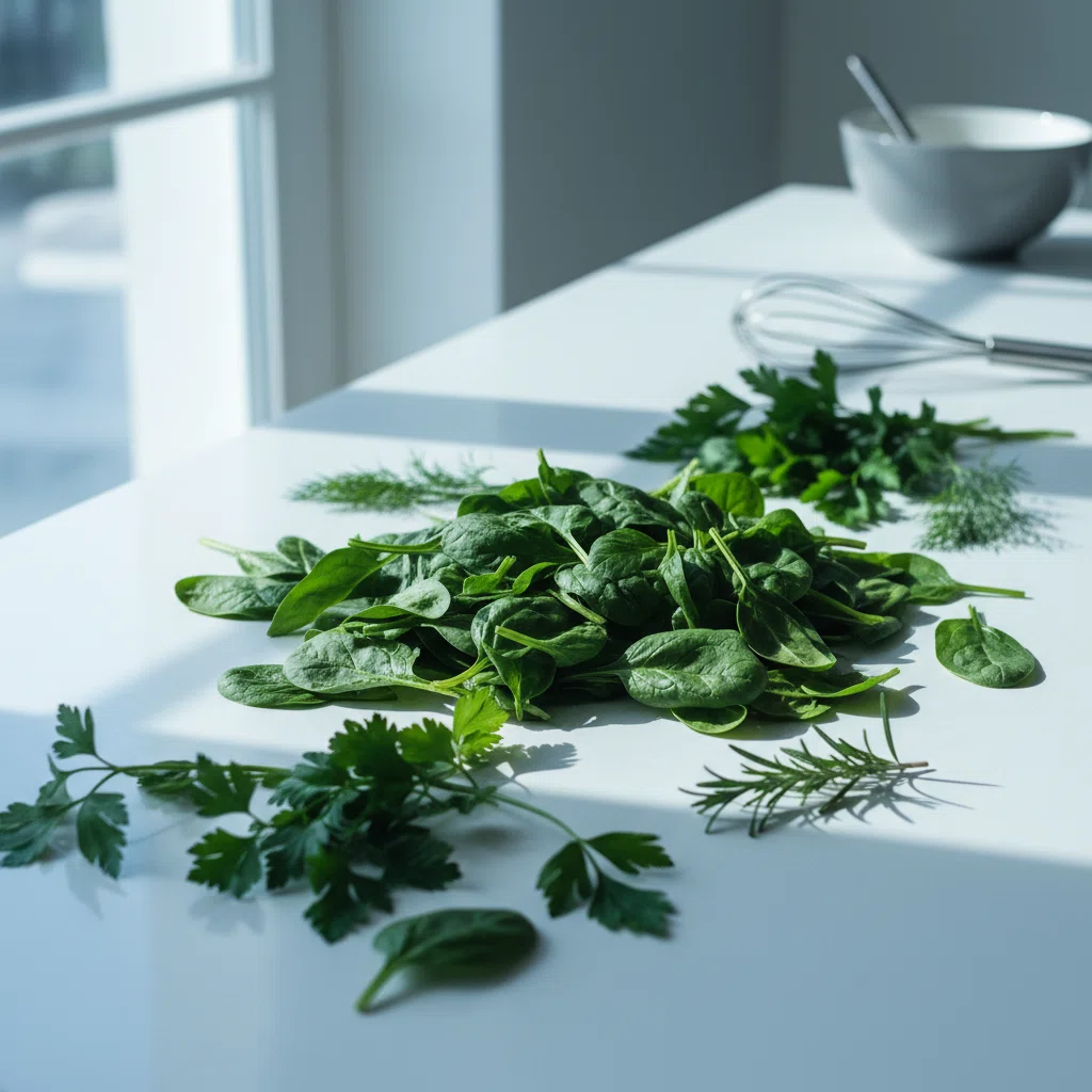 Fresh dark green leafy vegetables and herbs on a clean white kitchen surface